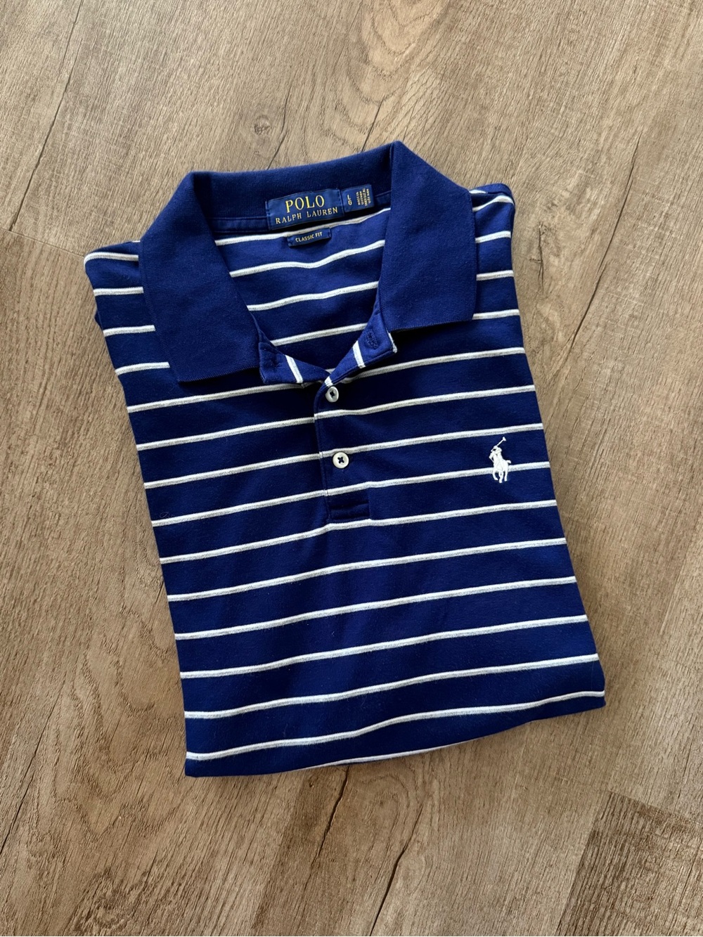Men’s Polo Ralph Lauren Navy Striped Polo Shirt with White Pony - Picture 1 of 4